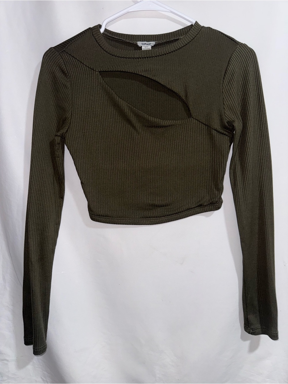 Garage Olive Cutout Ribbed Long-Sleeve Crop Top